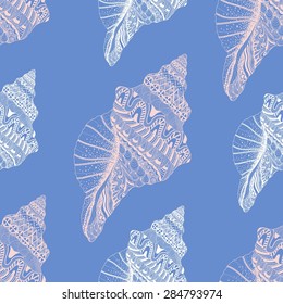 Zentangle stylized sea cockleshell seamless pattern. Hand Drawn doodle vector illustration. Sketch for tattoo or makhenda. Seashell collection. Ocean life.