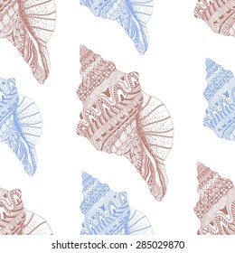 Zentangle stylized sea cockleshell seamless pattern. Hand Drawn aquatic doodle vector illustration. Sketch for tattoo or makhenda. Seashell collection. Ocean life.