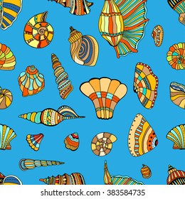 Zentangle stylized sea cockleshell seamless pattern. Hand Drawn aquatic doodle vector illustration. Sketch for tattoo or makhenda. Seashell collection. Ocean life.