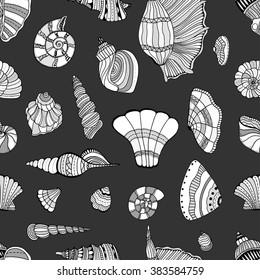 Zentangle stylized sea cockleshell seamless pattern. Hand Drawn aquatic doodle vector illustration. Sketch for tattoo or makhenda. Seashell collection. Ocean life.