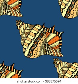 Zentangle stylized sea cockleshell seamless pattern. Hand Drawn aquatic doodle vector illustration. Sketch for tattoo or makhenda. Seashell collection. Ocean life.