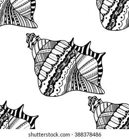 Zentangle stylized sea cockleshell seamless pattern. Hand Drawn aquatic doodle vector illustration. Sketch for tattoo or makhenda. Seashell collection. Ocean life.