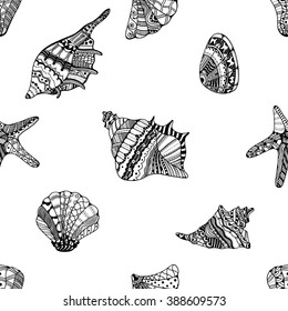 Zentangle stylized sea cockleshell seamless pattern. Hand Drawn aquatic doodle vector illustration. Sketch for tattoo or makhenda. Seashell collection. Ocean life.