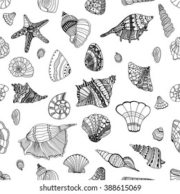 Zentangle stylized sea cockleshell seamless pattern. Hand Drawn aquatic doodle vector illustration. Sketch for tattoo or makhenda. Seashell collection. Ocean life.