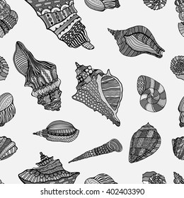 Zentangle stylized sea cockleshell seamless pattern. Hand Drawn aquatic doodle vector illustration. Sketch for tattoo or makhenda. Seashell collection. Ocean life.