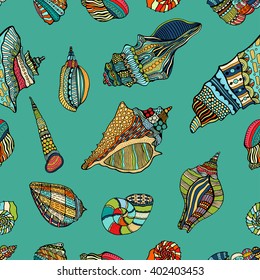 Zentangle stylized sea cockleshell seamless pattern. Hand Drawn aquatic doodle vector illustration. Sketch for tattoo or makhenda. Seashell collection. Ocean life.