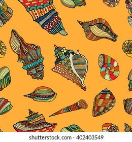 Zentangle stylized sea cockleshell seamless pattern. Hand Drawn aquatic doodle vector illustration. Sketch for tattoo or makhenda. Seashell collection. Ocean life.