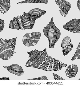 Zentangle stylized sea cockleshell seamless pattern. Hand Drawn aquatic doodle vector illustration. Sketch for tattoo or makhenda. Seashell collection. Ocean life.