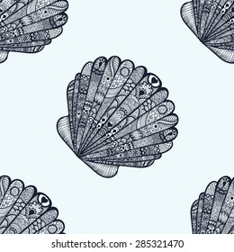 Zentangle stylized sea shell seamless pattern. Hand Drawn  doodle vector illustration. Sketch for tattoo or makhenda. Seashell collection. Ocean life.