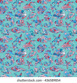 Zentangle stylized sea shell seamless pattern. Hand Drawn aquatic doodle vector illustration. Ocean life. Shells, starfish, fish, sea horse. Blue pink on blue background