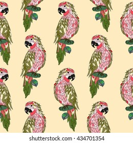 Zentangle stylized seamless pattern parrot. Hand drawn colored illustration for T-shirt emblem, logo or tattoo with floral design elements.