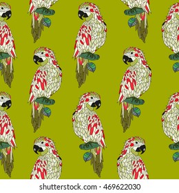 Zentangle stylized seamless pattern parrot. Hand drawn colored illustration for T-shirt emblem, logo or tattoo with floral design elements.