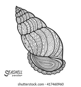Zentangle stylized seashell. Hand drawn doodle sea shell pattern. Marine ocean life. Coloring book page for relaxation, fabric print, tattoo design, isolated black on white background.