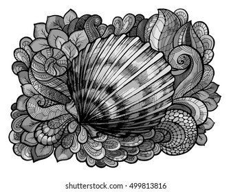Zentangle stylized seashell line art colored in shades of gray. Hand Drawn aquatic doodle vector illustration. Sketch for tattoo or mehendi. Ocean life