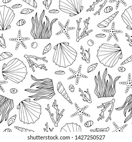 Zentangle stylized seashell and other sea inhabitants seamless pattern. Hand drawn aquatic doodle vector illustration.