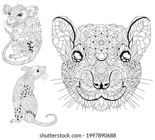 Zentangle stylized set rats. Hand Drawn lace vector illustration for coloring