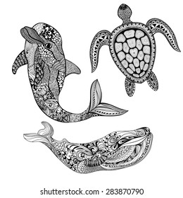 Zentangle stylized set sea animals. Black dolphin, whale and turtle isolated on white background. Hand Drawn aquatic doodle vector illustration. Sketch for tattoo or makhenda. Ocean life. svg