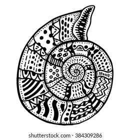 Zentangle stylized shell. Hand Drawn aquatic doodle vector illustration. Sketch for tattoo or makhenda. Seashell collection. Ocean life.