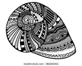 Zentangle stylized shell. Hand Drawn aquatic doodle vector illustration. Sketch for tattoo or makhenda. Seashell collection. Ocean life.