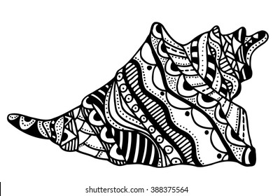 Zentangle stylized shell. Hand Drawn aquatic doodle vector illustration. Sketch for tattoo or makhenda. Seashell collection. Ocean life.
