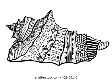 Zentangle stylized shell. Hand Drawn aquatic doodle vector illustration. Sketch for tattoo or makhenda. Seashell collection. Ocean life.