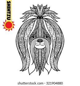 Zentangle stylized shihtzu head. Hand Drawn Dog doodle vector illustration. Sketch for tattoo or makhenda. Coloring page. Animal collection.