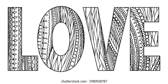 Zentangle stylized sign Love. Black white hand drawn doodle. Ethnic pattern. African, indian, totem, design, adult antistress coloring page. Simple flat vector illustration