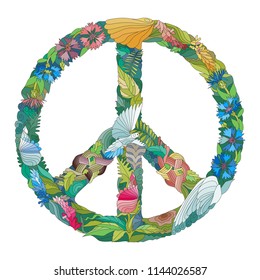 Zentangle stylized sign of peace. Hand Drawn colorful lace vector illustration