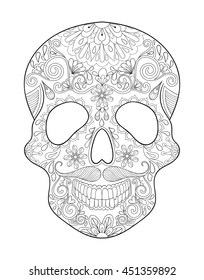 Zentangle stylized Skull for Halloween. Freehand sketch for adult anti stress coloring page and book with doodle elements. Ethnic ornamental patterned vector illustration for tattoo, t-shirt or prints