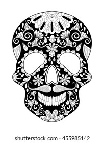 Zentangle stylized Skull for Halloween. Freehand sketch for adult anti stress coloring page with doodle elements. Ethnic ornamental patterned vector illustration for tattoo, t-shirt or prints