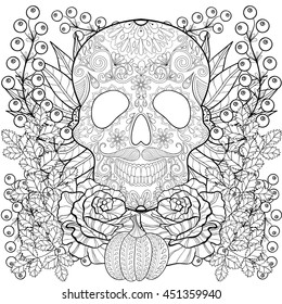 Zentangle stylized Skull with pumpkin, rose, sunflower for Halloween. Freehand sketch for adult coloring page with autumn doodle elements. Ornamental artistic vector illustration for t-shirt or prints