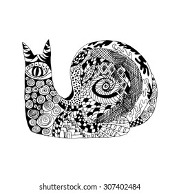 Zentangle stylized snail. Animals. Black and white hand drawn doodle. Ethnic patterned vector illustration. African, indian, totem tatoo design. Sketch for avatar, tattoo, poster, print or t-shirt.