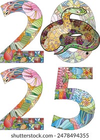Zentangle stylized snake number 2025. Hand Drawn lace vector illustration