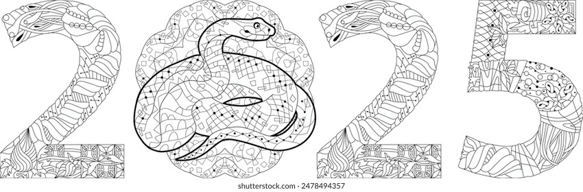 Zentangle stylized snake number 2025 for coloring. Hand Drawn lace vector illustration