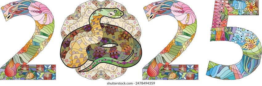 Zentangle stylized snake number 2025. Hand Drawn lace vector illustration