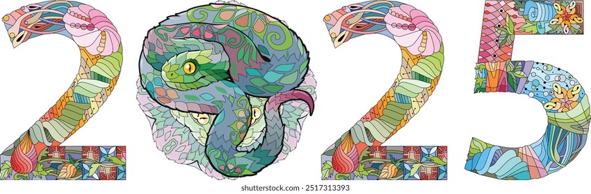 Zentangle estilizou a cobra número 2025. Ilustração de vetor de renda desenhada à mão