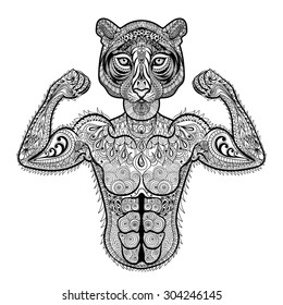 Zentangle stylized strong Tiger like Bodybuilder. Hand Drawn sport vector illustration isolated on white background. Vintage sketch for tattoo design or makhenda. Animal art collection.