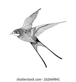 Zentangle stylized swallow. Hand Drawn vector illustration. Sketch for tattoo or makhenda. Bird collection.