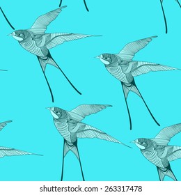 Zentangle stylized swallow seamless pattern. Hand Drawn vector illustration.Bird collection.