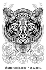 Zentangle stylized tiger face on flowers. Hand drawn ethnic animal for adult coloring pages, art therapy, boho t-shirt patterned print, posters, t-shirt. Vector isolated illustration. A4 size.