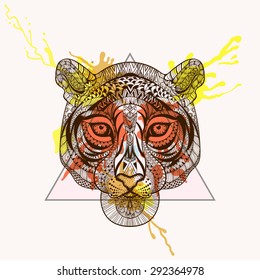 Zentangle stylized Tiger face in triangle frame with watercolor ink drop. Hand Drawn doodle vector illustration. Sketch for tattoo, postcard, t-shirt, fabric bag, poster. Animal collection.