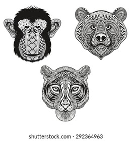 Zentangle stylized Tiger, Monkey, Bear faces. Hand Drawn doodle vector illustration isolated on white background. Sketch for tattoo, postcard, t-shirt, fabric bag, poster. Animal set.