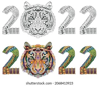 Zentangle stylized tiger number 2022. Hand Drawn lace vector illustration for coloring. Color and outline set