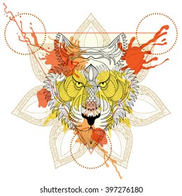 Zentangle stylized Tiger in triangle frame with watercolor ink drop. Hand Drawn doodle vector tiger face illustration. Sketch for tattoo or makhenda. Hipster artistically patterned animal print.