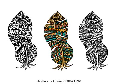 Zentangle stylized tribal color and monochrome feathers for coloring page. Adult anti-stress art therapy.