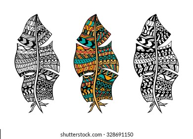Zentangle stylized tribal color and monochrome feathers for coloring page. Adult anti-stress art therapy.