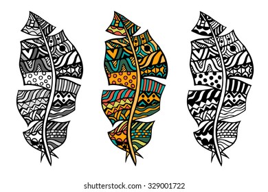 Zentangle stylized tribal color and monochrome feathers for coloring page. Adult anti-stress art therapy.