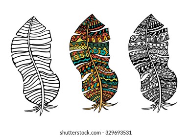 Zentangle stylized tribal color and monochrome feathers for coloring page. Adult anti-stress art therapy.