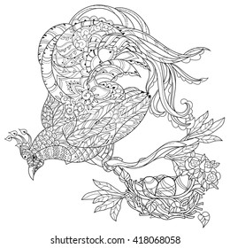 Zentangle stylized tropical bird of paradise on nest.Hand drawn vector illustration. Sketch for tattoo or makhenda or adult coloring book. Bird collection boho style.