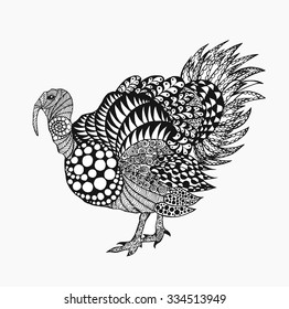 Zentangle stylized turkey. Birds. Black white hand drawn doodle. Ethnic patterned vector illustration. African, indian, totem, tribal design. Sketch for coloring page, tattoo, poster, print or t-shirt